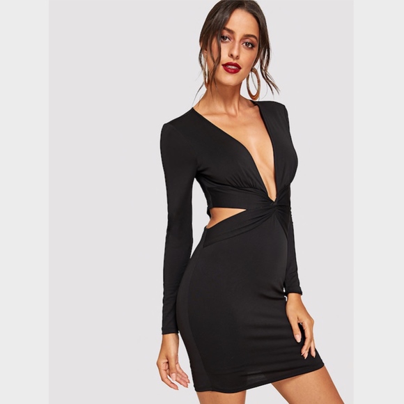 Twist Front V-Neck Bodycon Mini Dress Long Sleeve - Picture 2 of 7